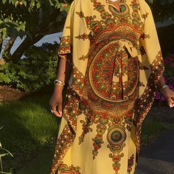 VTG Dashiki African Print Adjustable Waist Gold Maroon Kaftan Kimono Dress O/S - Picture 9 of 11